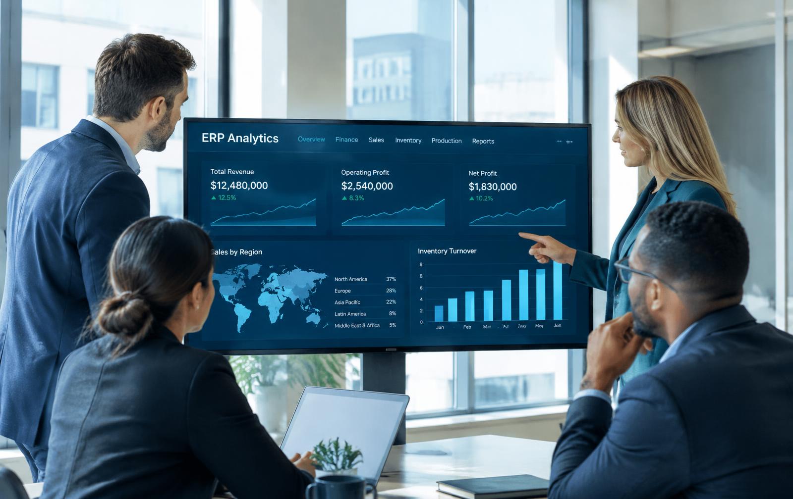 Business team reviewing an ERP analytics dashboard in a modern office